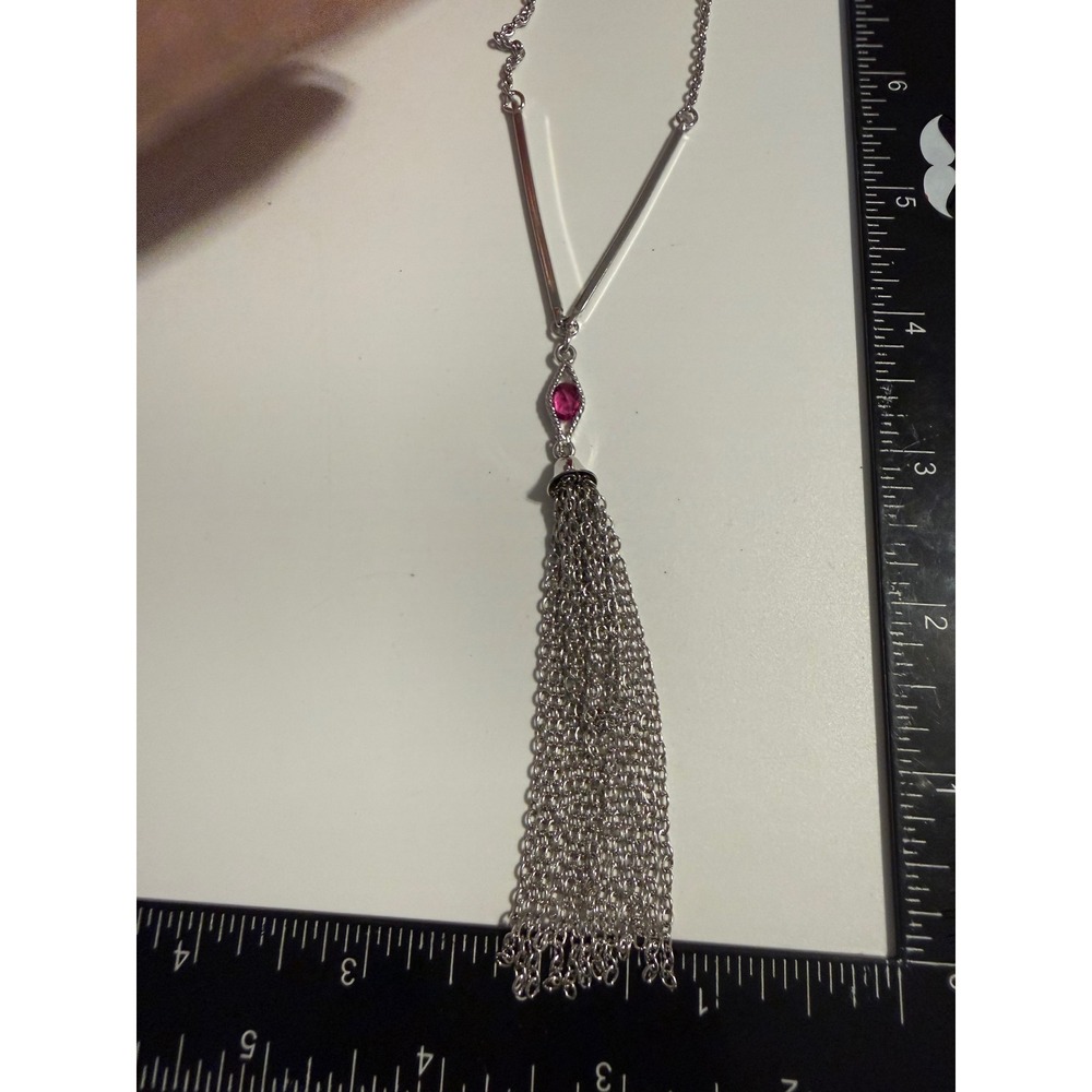 Vintage Sarah Coventry Silver Tone‎ Pink Rhinestone Chain Tassel Lariat Necklace